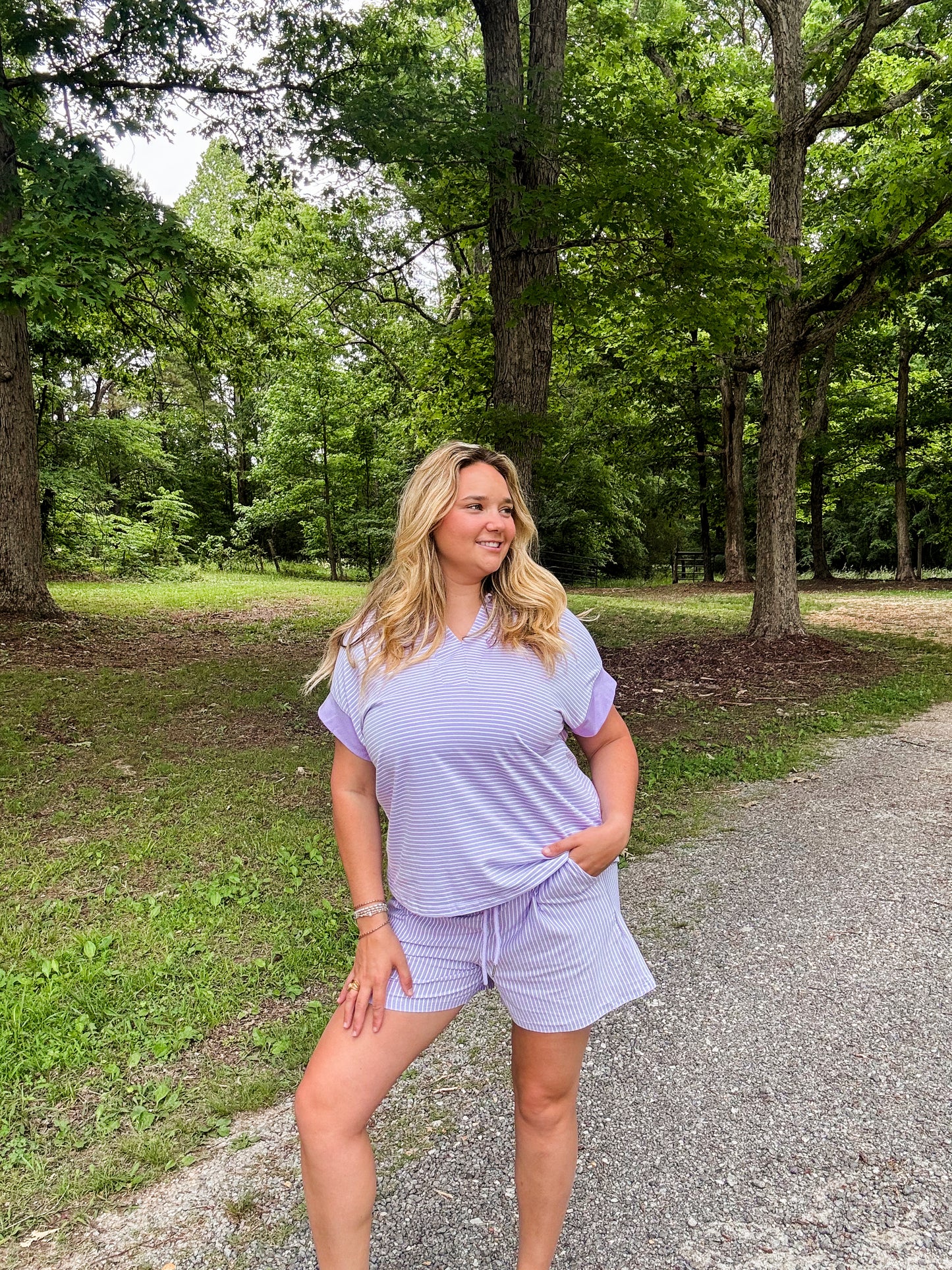 Lilac Purple Striped Set With Drawstring Shorts