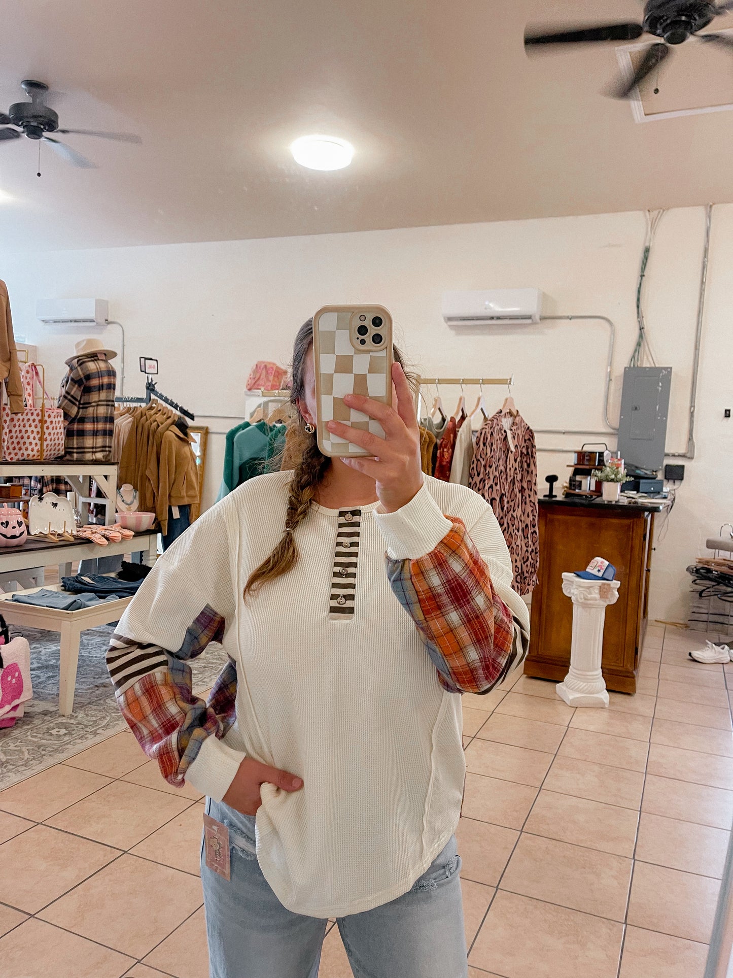 Cream Long Sleeve Blouse with Flannel Sleeve Panels- Plus Size