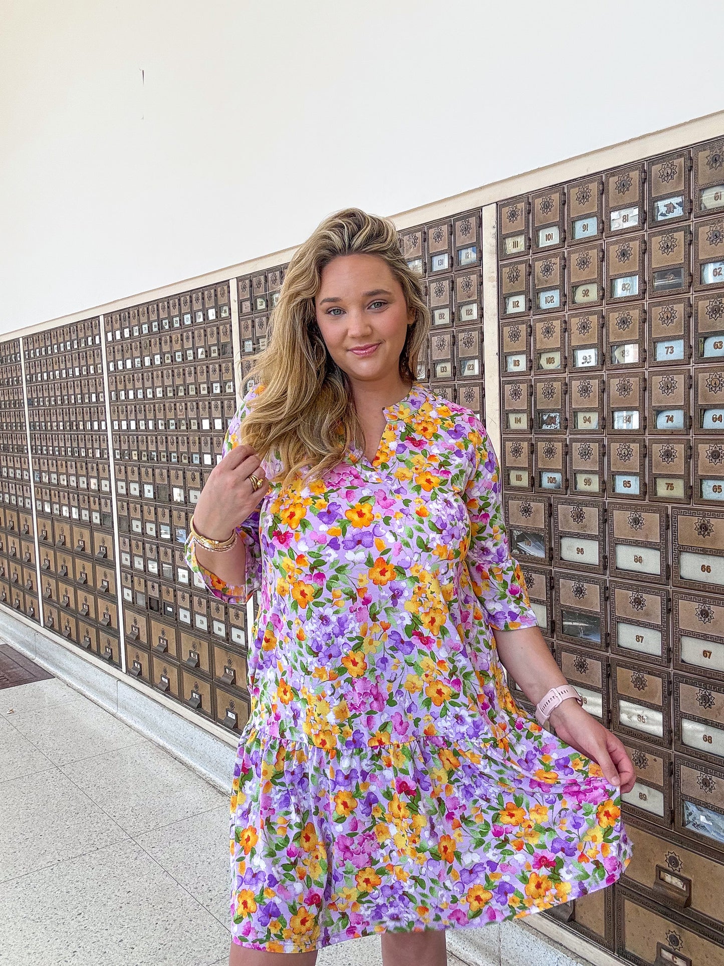 Purple Floral Quarter Sleeve Dress