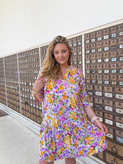 Purple Floral Quarter Sleeve Dress