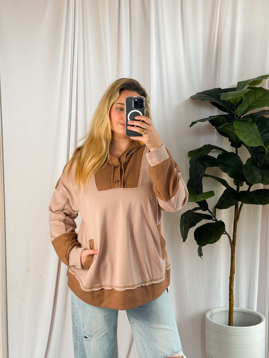 Soft Neutrals Colorblock Waffle Hoodie – Taupe & Brown