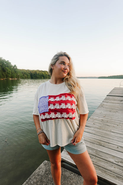 American Flag Lace Patchwork Oversized Tee