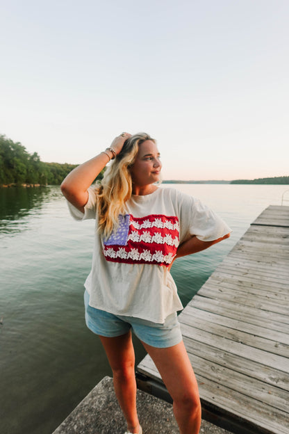 American Flag Lace Patchwork Oversized Tee