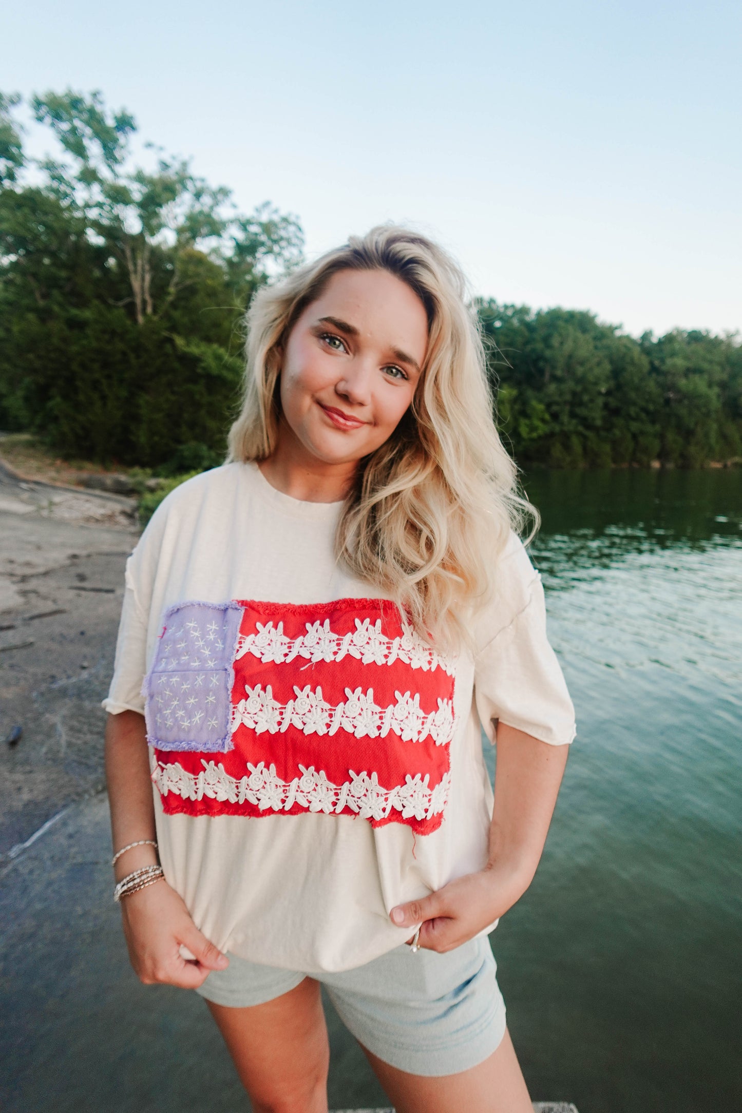 American Flag Lace Patchwork Oversized Tee
