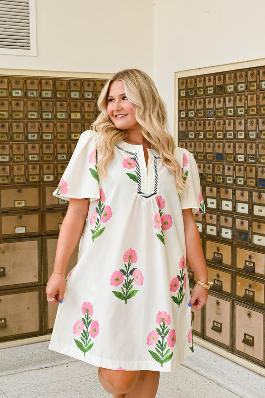 White Floral Dress with Pink Flowers – Elegant & Feminine Summer Dress
