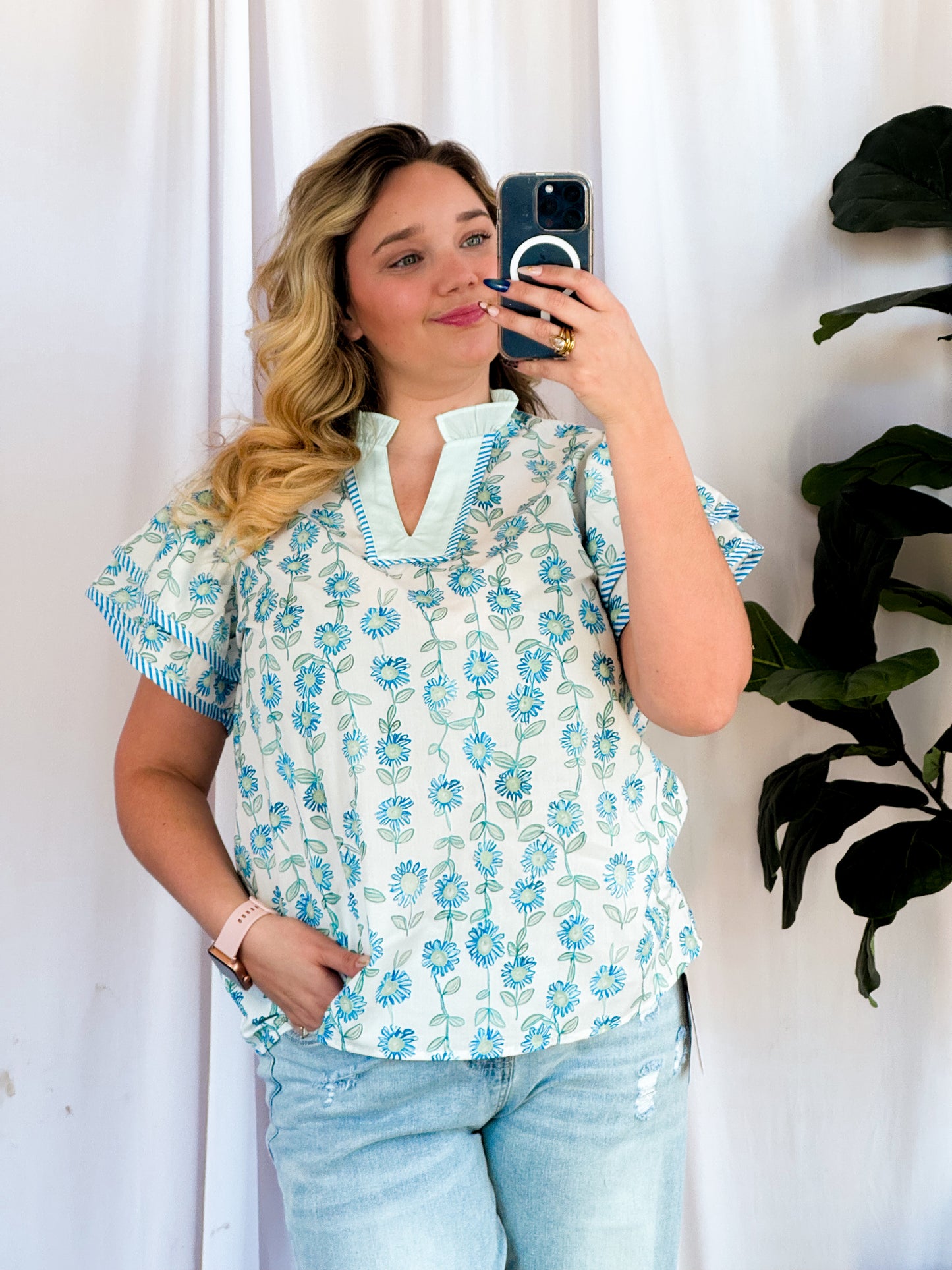Blue & Seafoam Blouse With Ruffle Sleeves