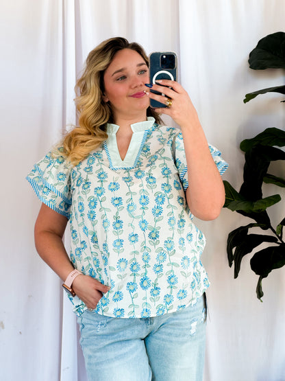 Blue & Seafoam Blouse With Ruffle Sleeves