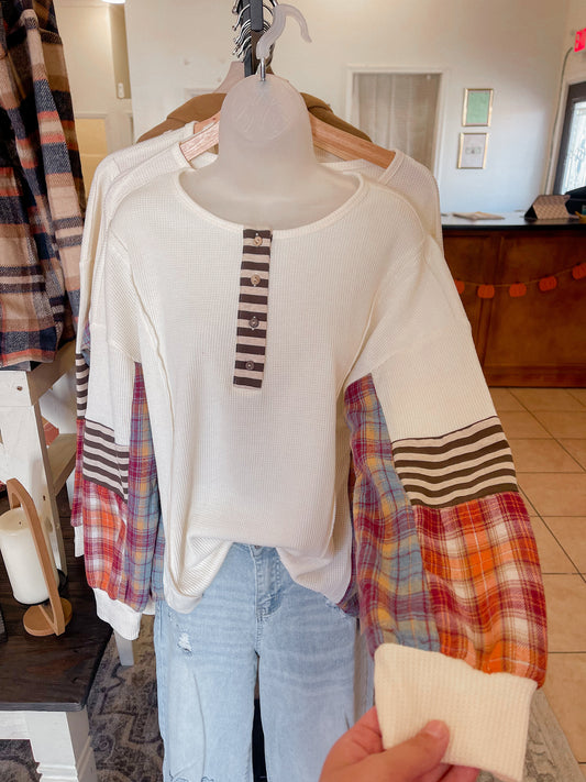 Cream Long Sleeve Blouse with Flannel Sleeve Panels- Plus Size