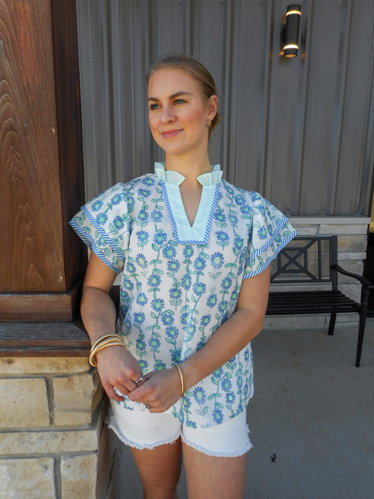 Blue & Seafoam Blouse With Ruffle Sleeves