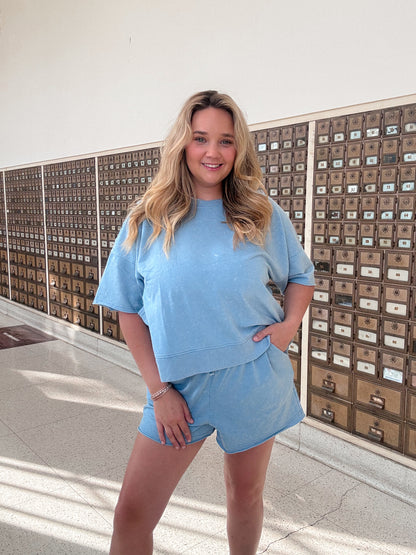 Mineral Washed Knit Casual Demin Two-Piece Set