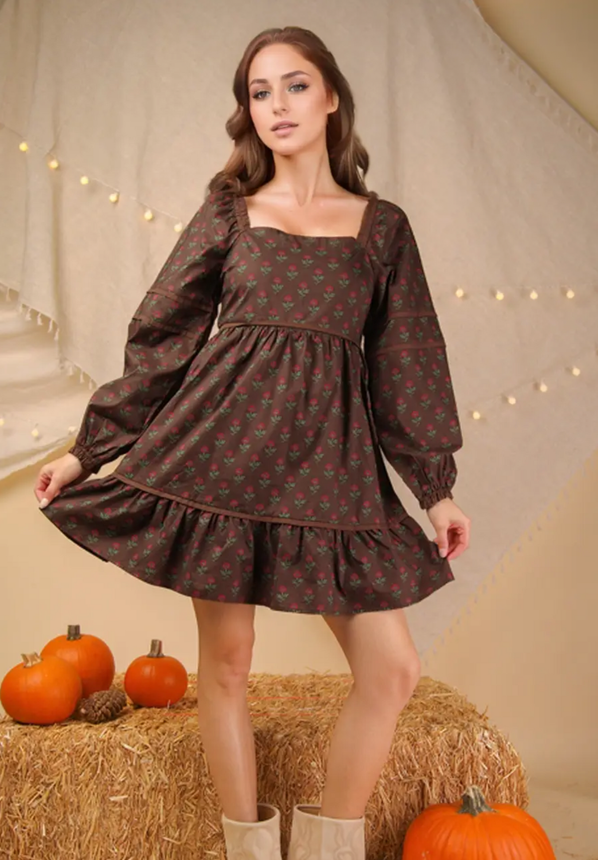 Brown Floral Baby Doll Dress