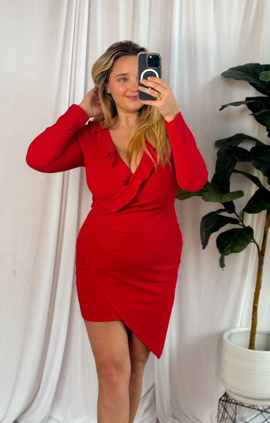 Sparkly Red Long Sleeve Mini Dress with Ruffle Neckline