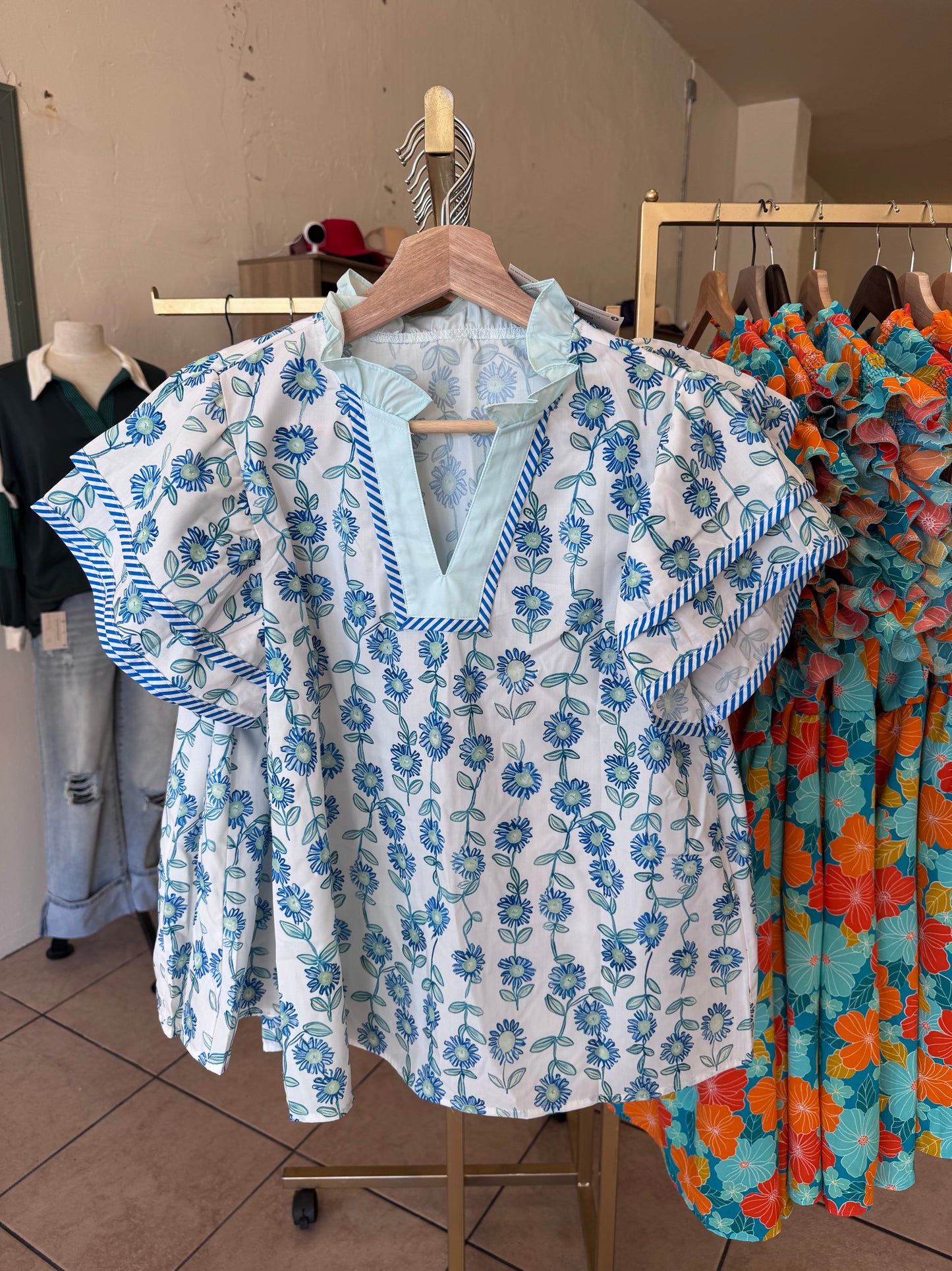 Blue & Seafoam Blouse With Ruffle Sleeves