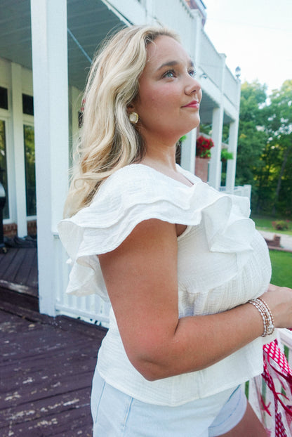White Ruffle Sleeve Tie Back Top