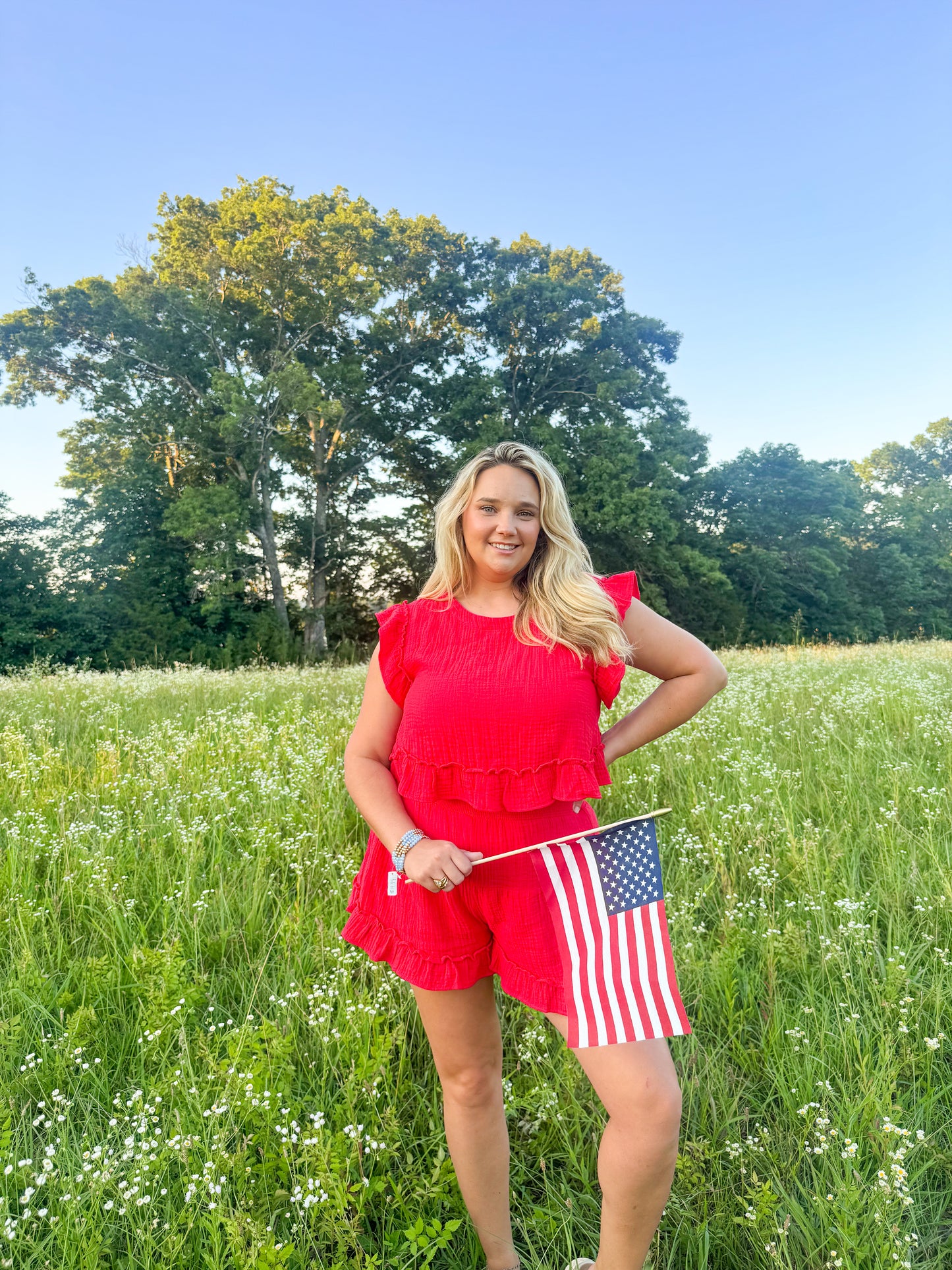 Red Linen Shorts Set