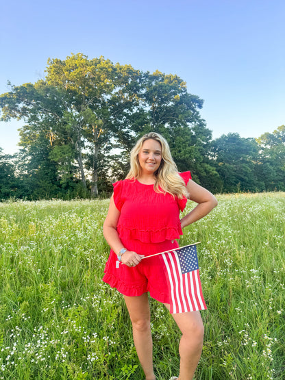Red Linen Shorts Set