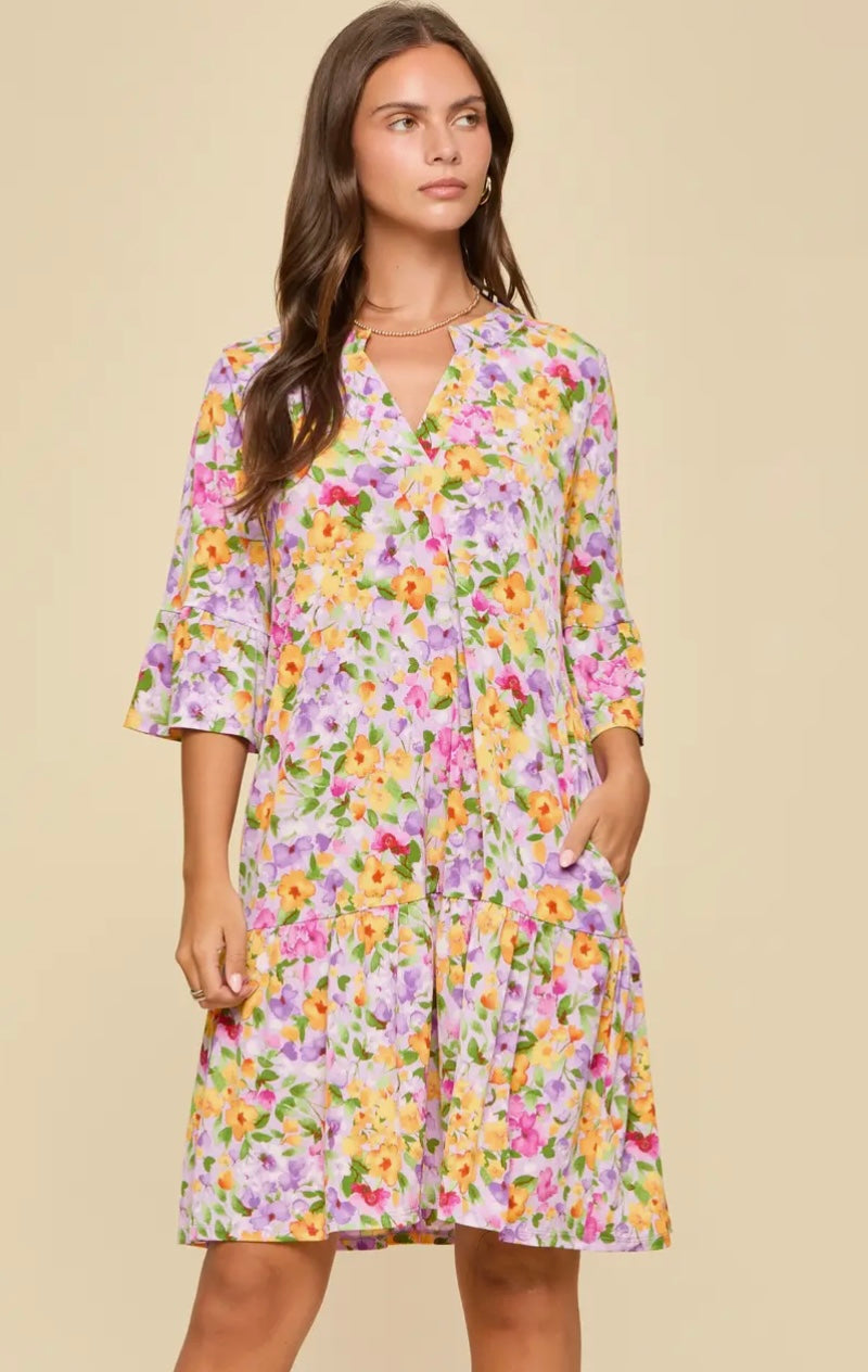 Purple Floral Quarter Sleeve Dress
