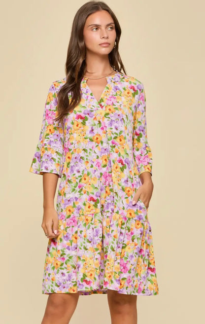 Purple Floral Quarter Sleeve Dress