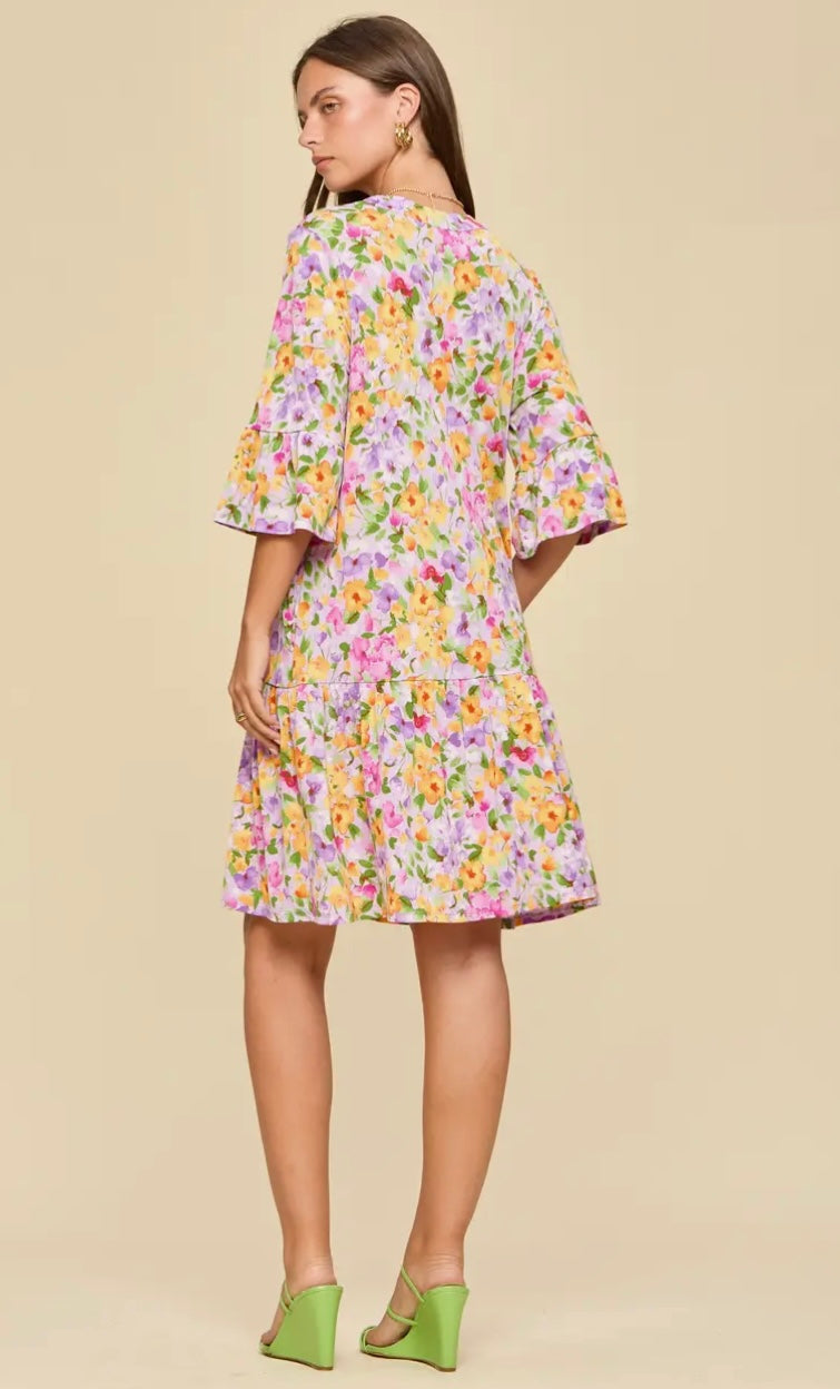 Purple Floral Quarter Sleeve Dress