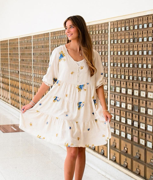 Beige Knee Length Dress With Blue Embroidery Flowers