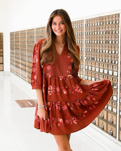 Rust floral midi sleeve dress