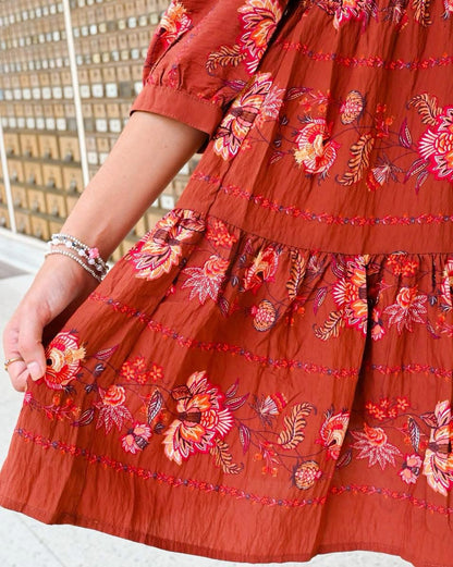 Rust floral midi sleeve dress