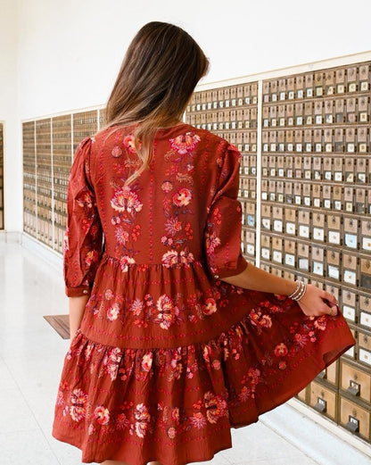 Rust floral midi sleeve dress