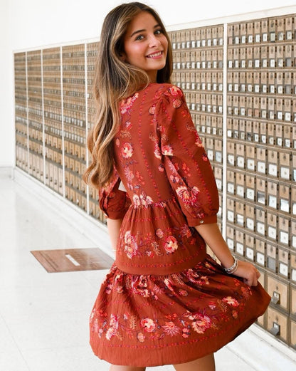 Rust floral midi sleeve dress