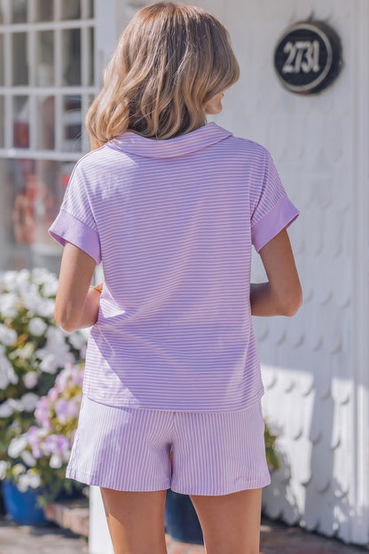 Lilac Purple Striped Set With Drawstring Shorts