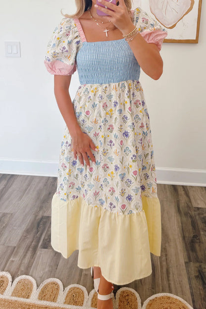 Floral Square Neck Pastel Long Dress