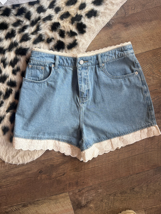 Lace Trim Denim Shorts