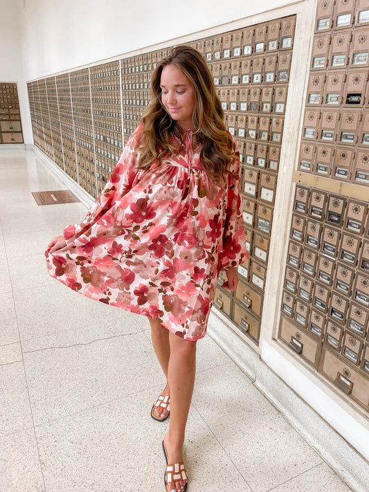 Long Sleeve Burgandy & Pink Fall Transition Dress