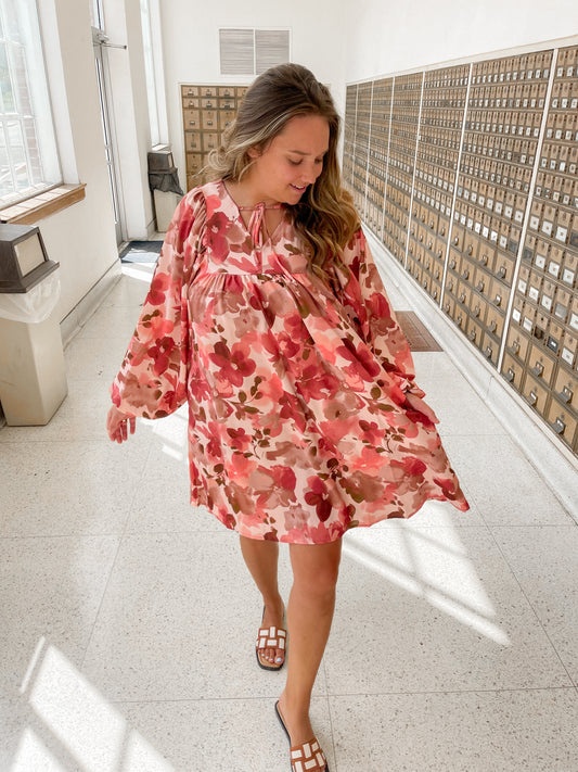 Long Sleeve Burgandy & Pink Fall Transition Dress