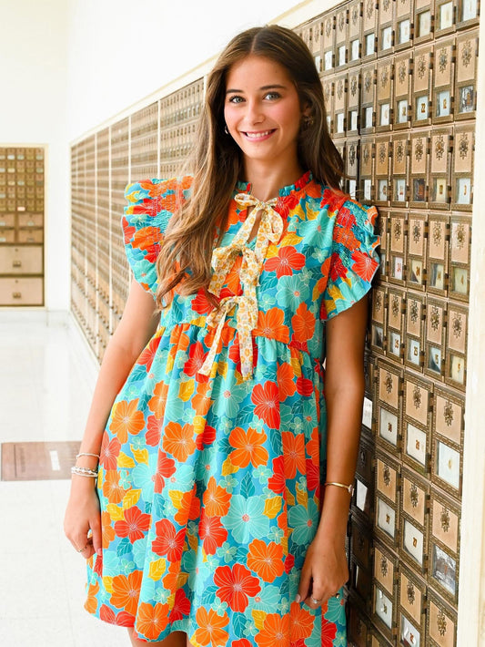 Short Sleeve Fall Transition Dress With Bows