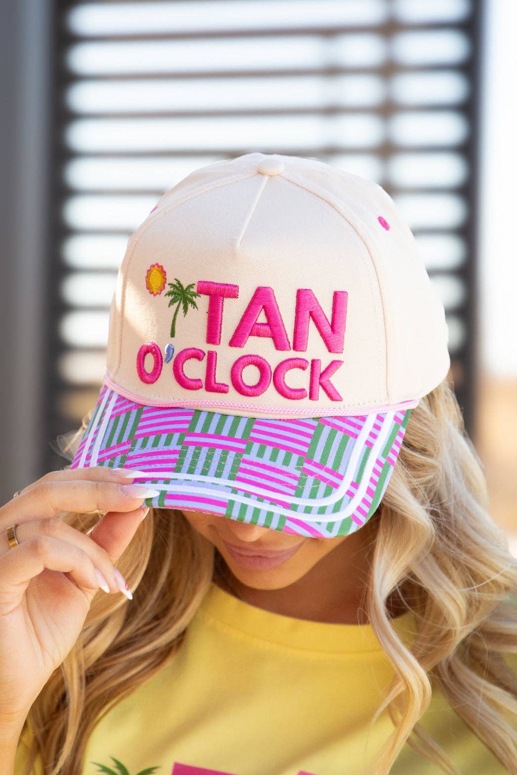 "Tan O'Clock" on Tan Cap with Patch Work
